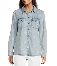 Ali Miles Woven Star Print Wire Long Roll-Tab Sleeve Button Front Shirt