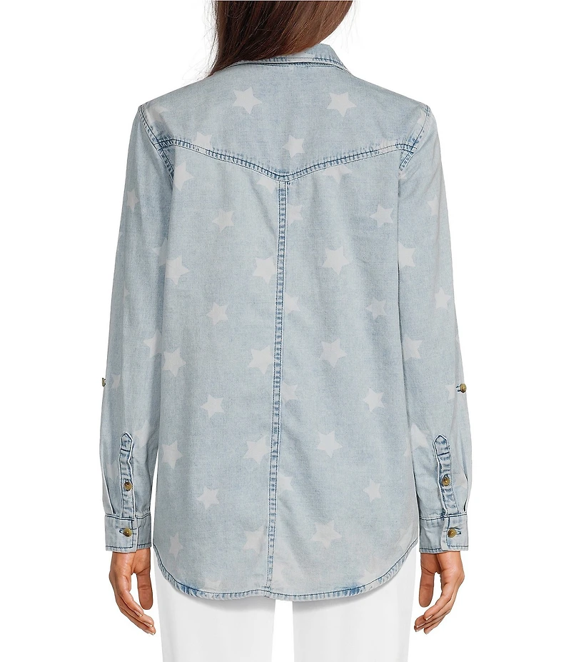 Ali Miles Woven Star Print Wire Long Roll-Tab Sleeve Button Front Shirt
