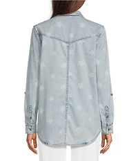 Ali Miles Woven Star Print Wire Long Roll-Tab Sleeve Button Front Shirt