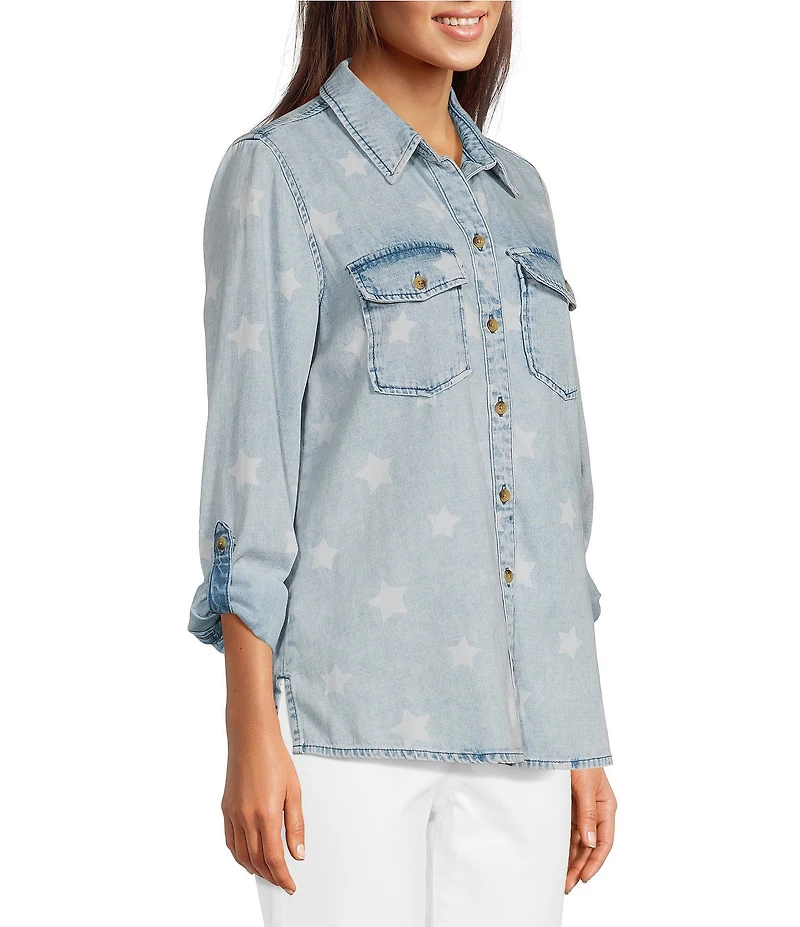 Ali Miles Woven Star Print Wire Long Roll-Tab Sleeve Button Front Shirt