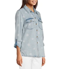 Ali Miles Woven Star Print Wire Long Roll-Tab Sleeve Button Front Shirt