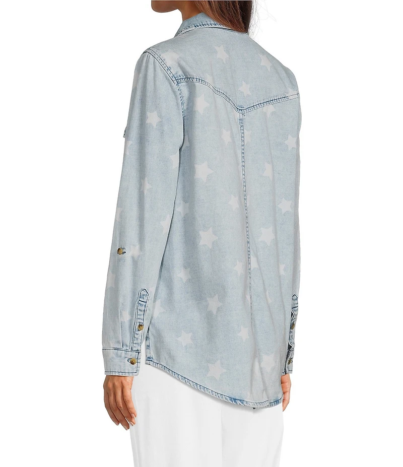 Ali Miles Woven Star Print Wire Long Roll-Tab Sleeve Button Front Shirt