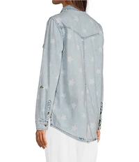 Ali Miles Woven Star Print Wire Long Roll-Tab Sleeve Button Front Shirt