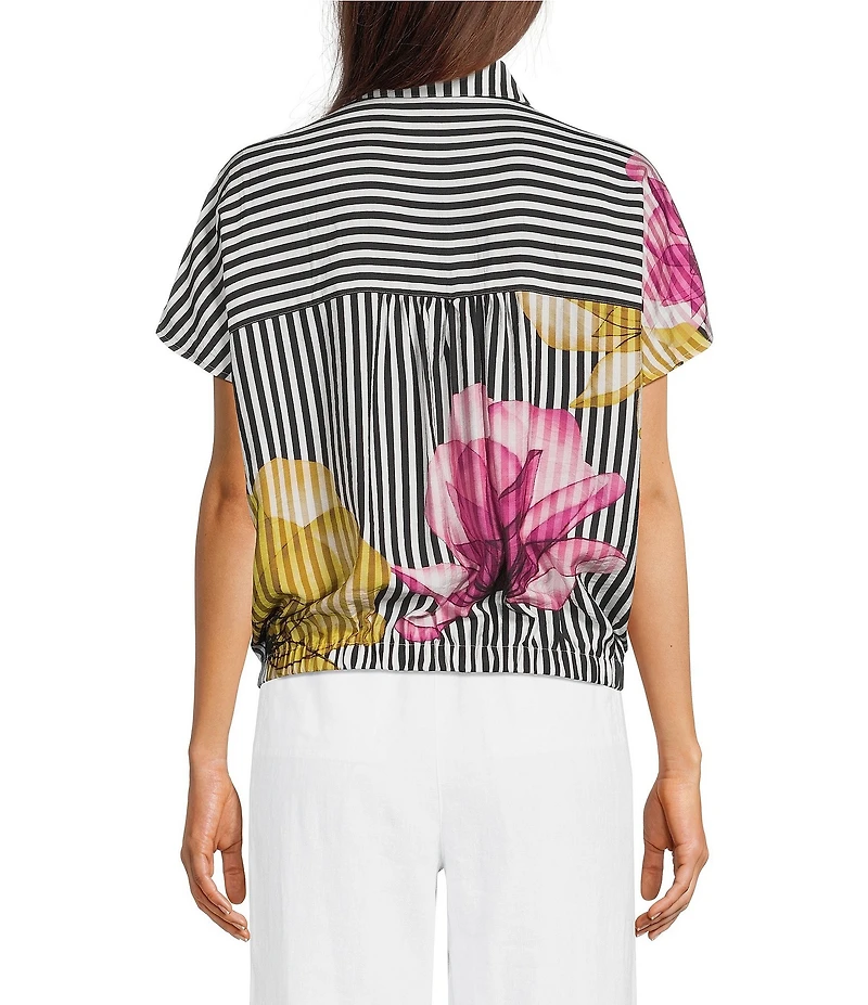 Ali Miles Woven Stripe Floral Point Collar Short Dolman Sleeve Drawstring Hem Button-Front Shirt
