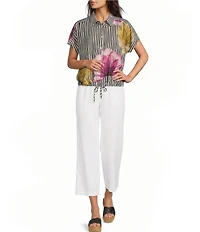 Ali Miles Woven Stripe Floral Point Collar Short Dolman Sleeve Drawstring Hem Button-Front Shirt