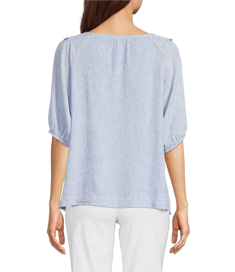 Ali Miles Woven Stripe Linen Blend Yarn-Dyed Split Round Neck Elbow Sleeve Frayed Hem Tunic