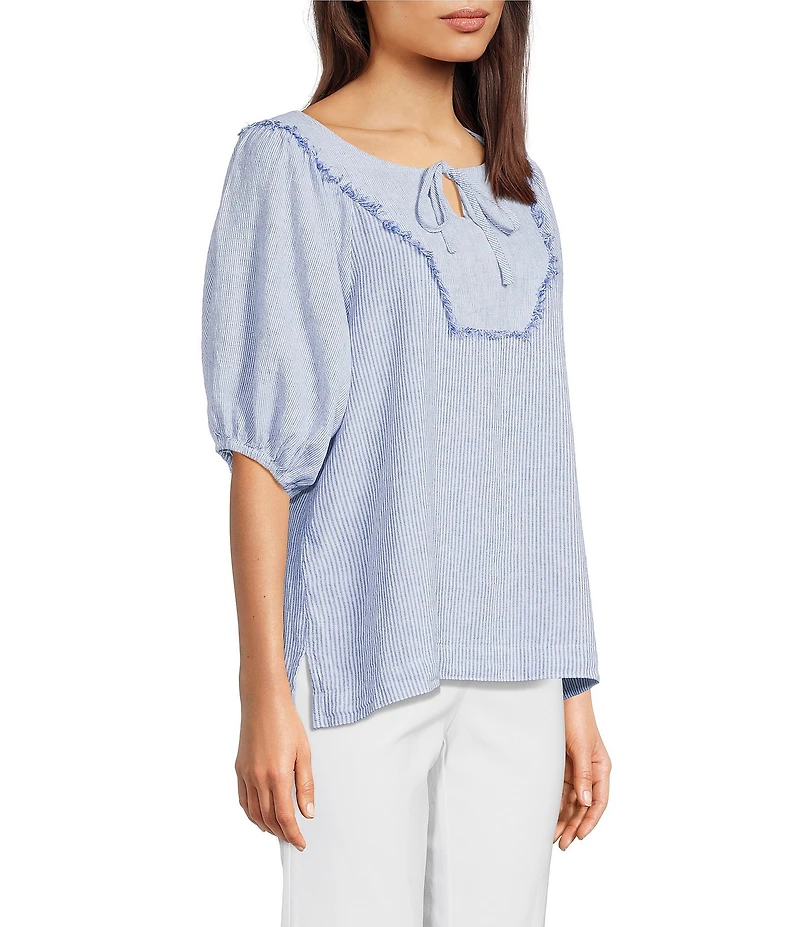 Ali Miles Woven Stripe Linen Blend Yarn-Dyed Split Round Neck Elbow Sleeve Frayed Hem Tunic