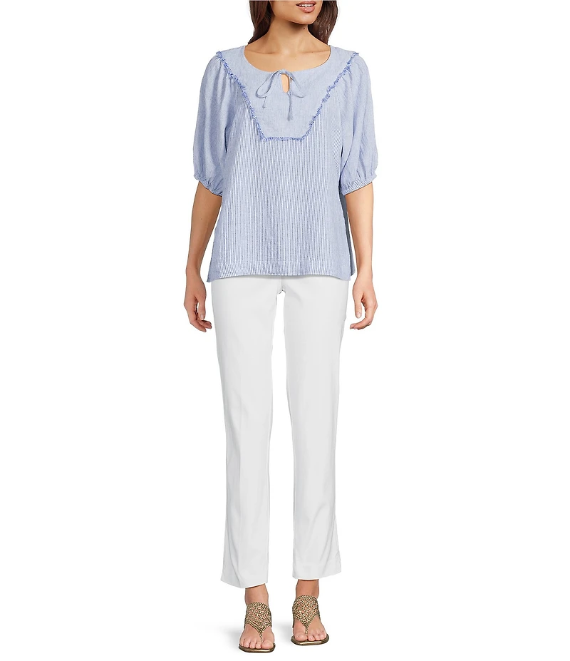 Ali Miles Woven Stripe Linen Blend Yarn-Dyed Split Round Neck Elbow Sleeve Frayed Hem Tunic