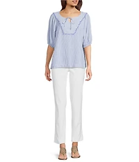 Ali Miles Woven Stripe Linen Blend Yarn-Dyed Split Round Neck Elbow Sleeve Frayed Hem Tunic