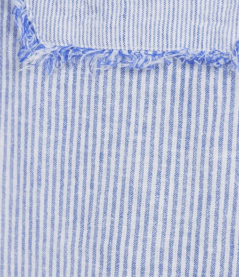 Ali Miles Woven Stripe Linen Blend Yarn-Dyed Split Round Neck Elbow Sleeve Frayed Hem Tunic