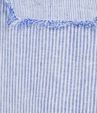 Ali Miles Woven Stripe Linen Blend Yarn-Dyed Split Round Neck Elbow Sleeve Frayed Hem Tunic
