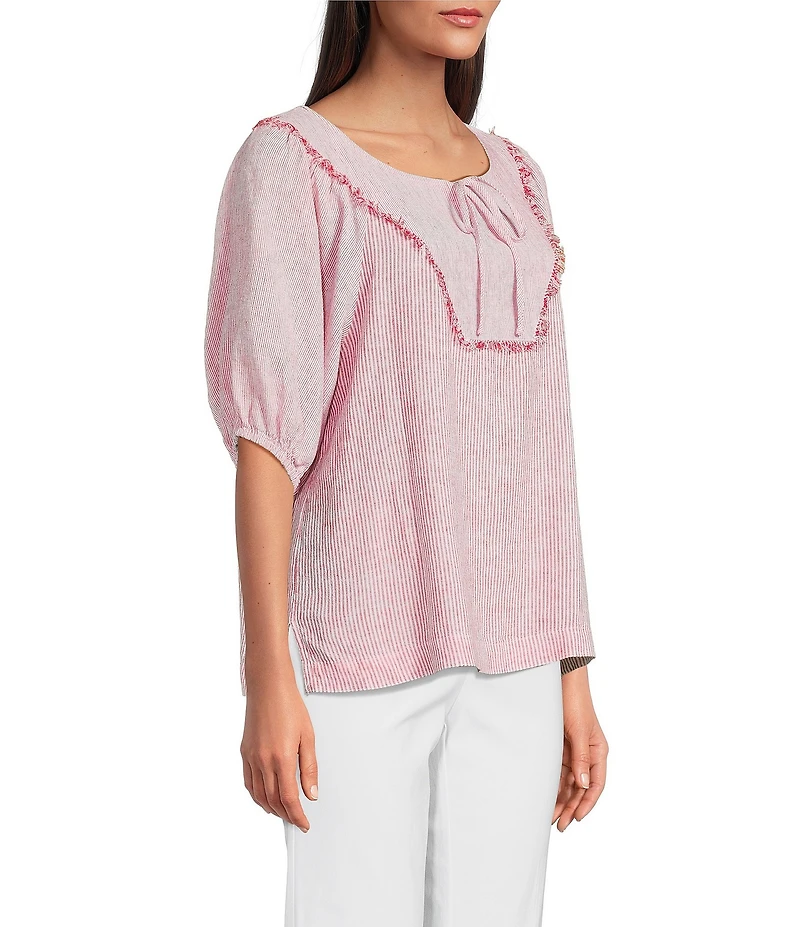 Ali Miles Woven Stripe Linen Blend Yarn-Dyed Split Round Neck Elbow Sleeve Frayed Hem Tunic