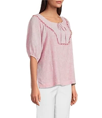 Ali Miles Woven Stripe Linen Blend Yarn-Dyed Split Round Neck Elbow Sleeve Frayed Hem Tunic