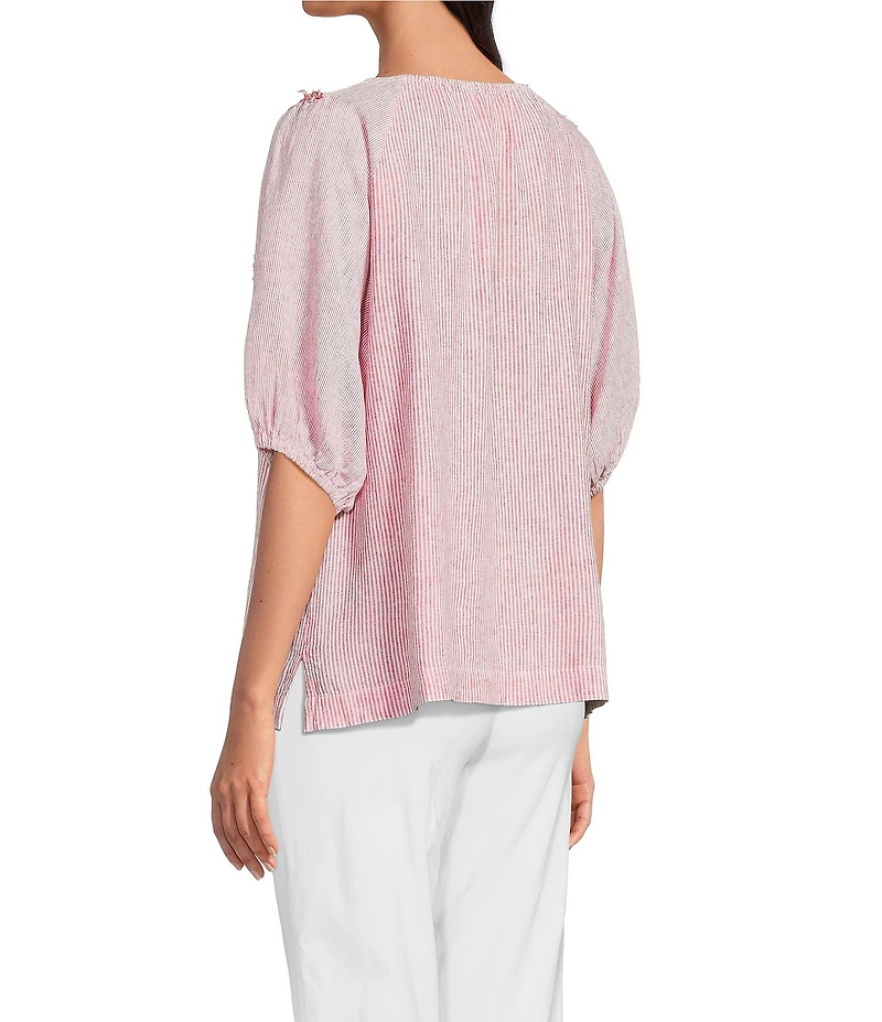 Ali Miles Woven Stripe Linen Blend Yarn-Dyed Split Round Neck Elbow Sleeve Frayed Hem Tunic
