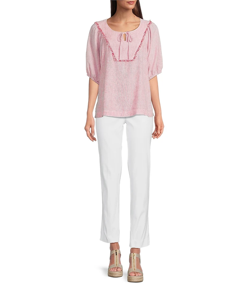 Ali Miles Woven Stripe Linen Blend Yarn-Dyed Split Round Neck Elbow Sleeve Frayed Hem Tunic