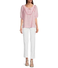 Ali Miles Woven Stripe Linen Blend Yarn-Dyed Split Round Neck Elbow Sleeve Frayed Hem Tunic