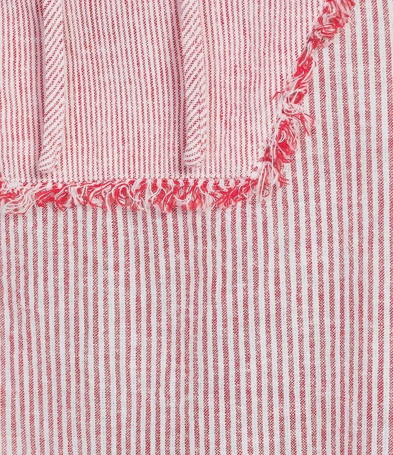 Ali Miles Woven Stripe Linen Blend Yarn-Dyed Split Round Neck Elbow Sleeve Frayed Hem Tunic