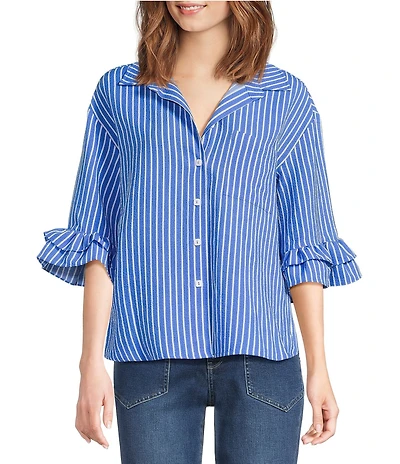 Ali Miles Woven Stripe Point Collar Elbow Ruffle Sleeve Button Front Tunic