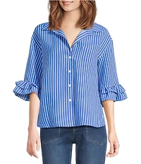 Ali Miles Woven Stripe Point Collar Elbow Ruffle Sleeve Button Front Tunic