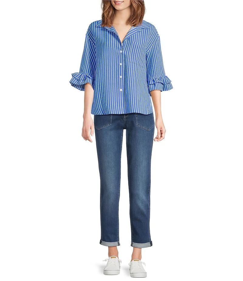 Ali Miles Woven Stripe Point Collar Elbow Ruffle Sleeve Button Front Tunic