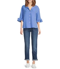 Ali Miles Woven Stripe Point Collar Elbow Ruffle Sleeve Button Front Tunic