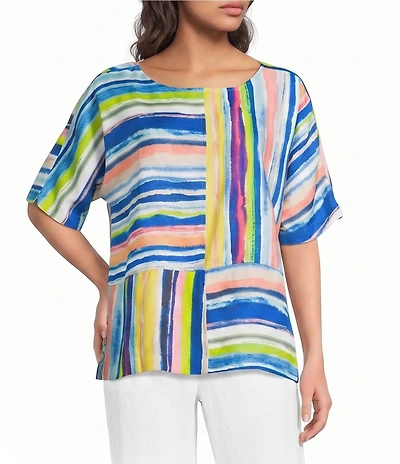 Ali Miles Woven Stripe Round Neck Short Dolman Sleeve Tunic