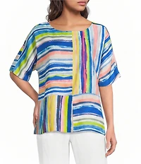 Ali Miles Woven Stripe Round Neck Short Dolman Sleeve Tunic