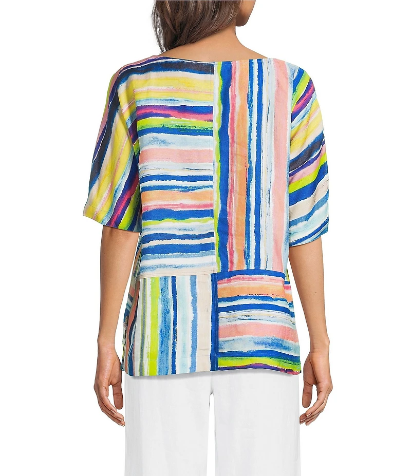 Ali Miles Woven Stripe Round Neck Short Dolman Sleeve Tunic