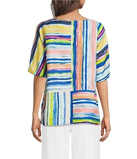 Ali Miles Woven Stripe Round Neck Short Dolman Sleeve Tunic