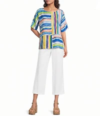 Ali Miles Woven Stripe Round Neck Short Dolman Sleeve Tunic