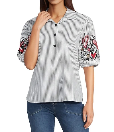 Ali Miles Woven Stripe Yarn-Dyed Embroidered Heart Point Collar Elbow Sleeve Button Front Top