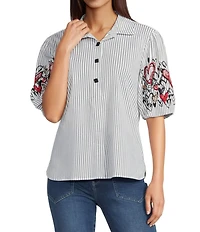 Ali Miles Woven Stripe Yarn-Dyed Embroidered Heart Point Collar Elbow Sleeve Button Front Top