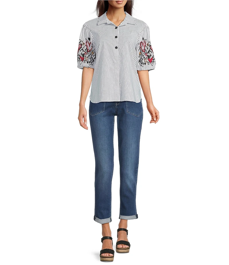 Ali Miles Woven Stripe Yarn-Dyed Embroidered Heart Point Collar Elbow Sleeve Button Front Top