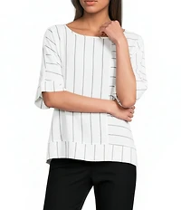 Ali Miles Woven Striped Round Neck Short Cuffed Sleeve Popover Top