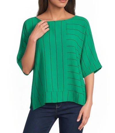 Ali Miles Woven Striped Round Neck Short Cuffed Sleeve Popover Top