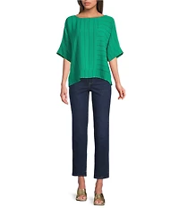 Ali Miles Woven Striped Round Neck Short Cuffed Sleeve Popover Top