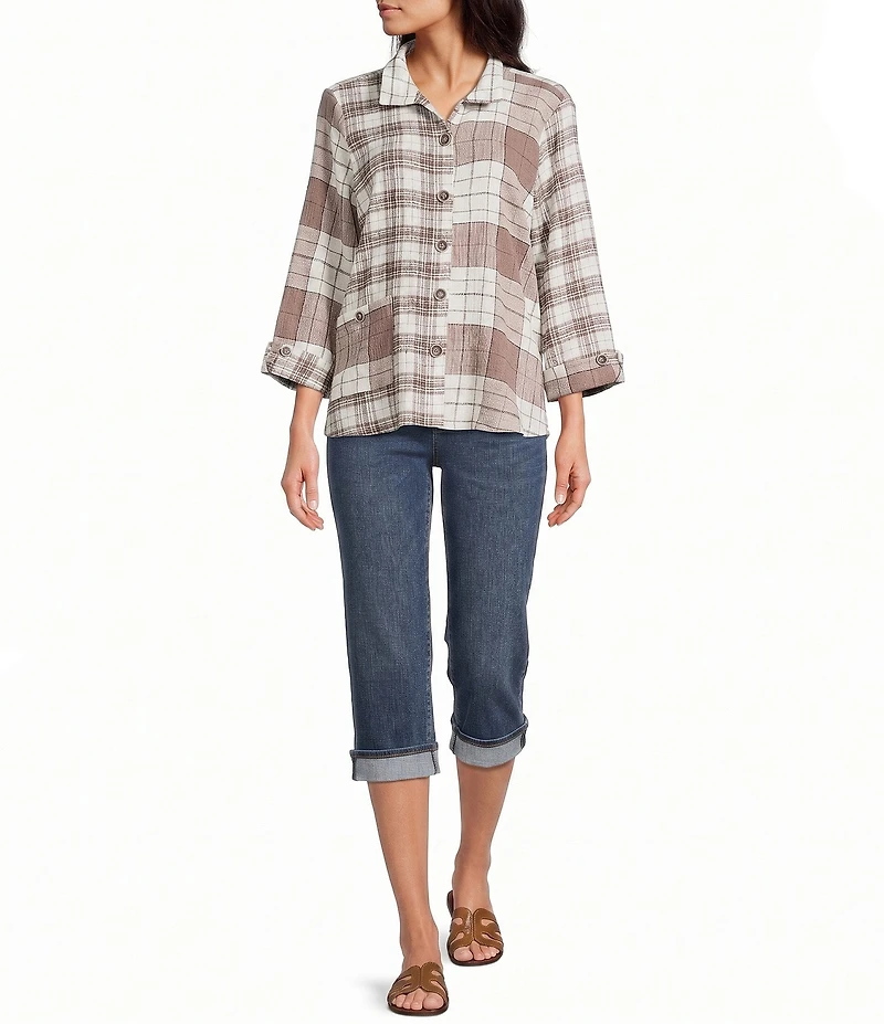 Ali Miles Woven Textured Mix Plaid Wire Collar 3/4 Sleeve Tunic