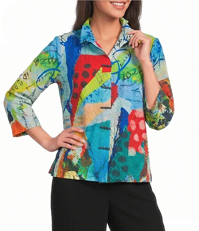 Ali Miles Woven Textured Print Wire Collar 3/4 Sleeve Button Front Top