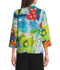 Ali Miles Woven Textured Print Wire Collar 3/4 Sleeve Button Front Top