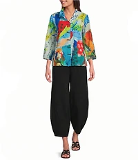 Ali Miles Woven Textured Print Wire Collar 3/4 Sleeve Button Front Top