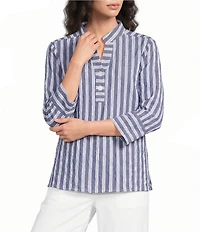 Ali Miles Woven Textured Stripe Banded Collar 3/4 Sleeve Top