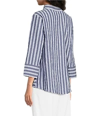 Ali Miles Woven Textured Stripe Banded Collar 3/4 Sleeve Top