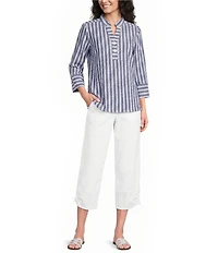 Ali Miles Woven Textured Stripe Banded Collar 3/4 Sleeve Top