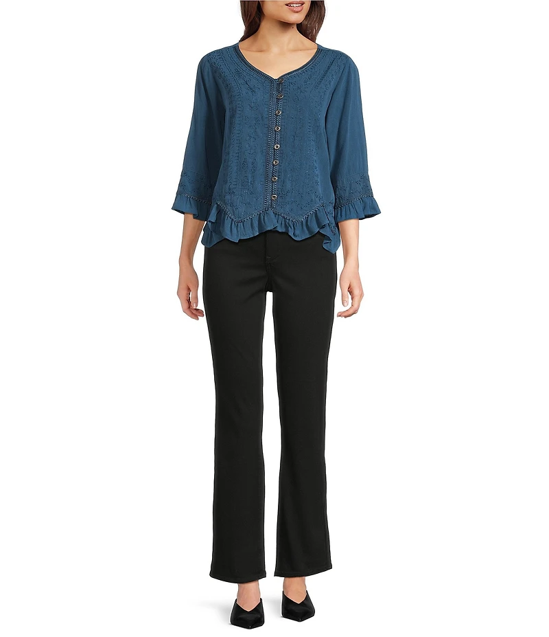 Ali Miles Woven V-Neck 3/4 Sleeve Button Front Shirt