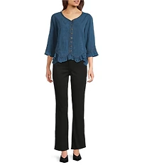 Ali Miles Woven V-Neck 3/4 Sleeve Button Front Shirt