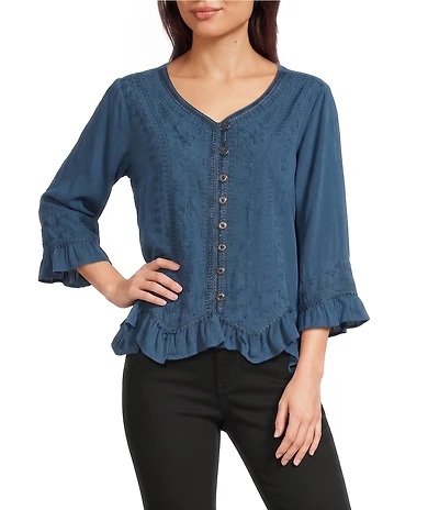Ali Miles Woven V-Neck 3/4 Sleeve Button Front Shirt