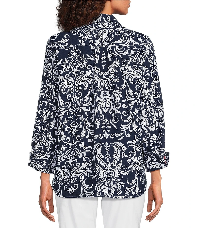 Ali Miles Woven Vintage Floral Point Collar 3/4 Sleeve Button Front Tunic