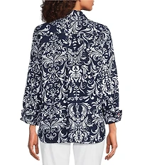 Ali Miles Woven Vintage Floral Point Collar 3/4 Sleeve Button Front Tunic