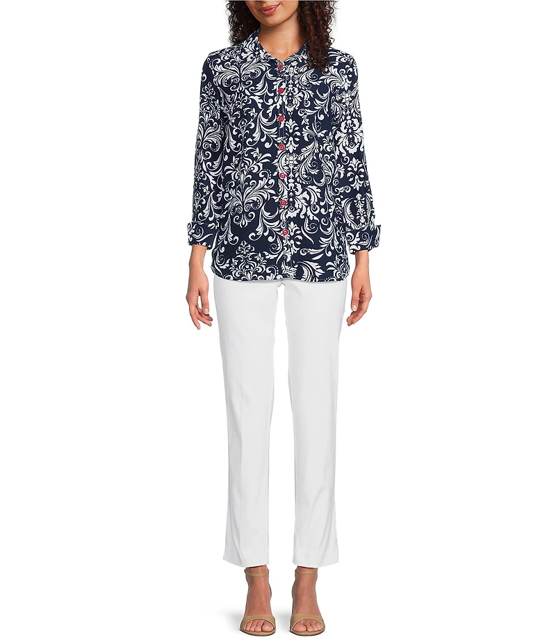 Ali Miles Woven Vintage Floral Point Collar 3/4 Sleeve Button Front Tunic