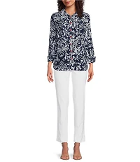 Ali Miles Woven Vintage Floral Point Collar 3/4 Sleeve Button Front Tunic
